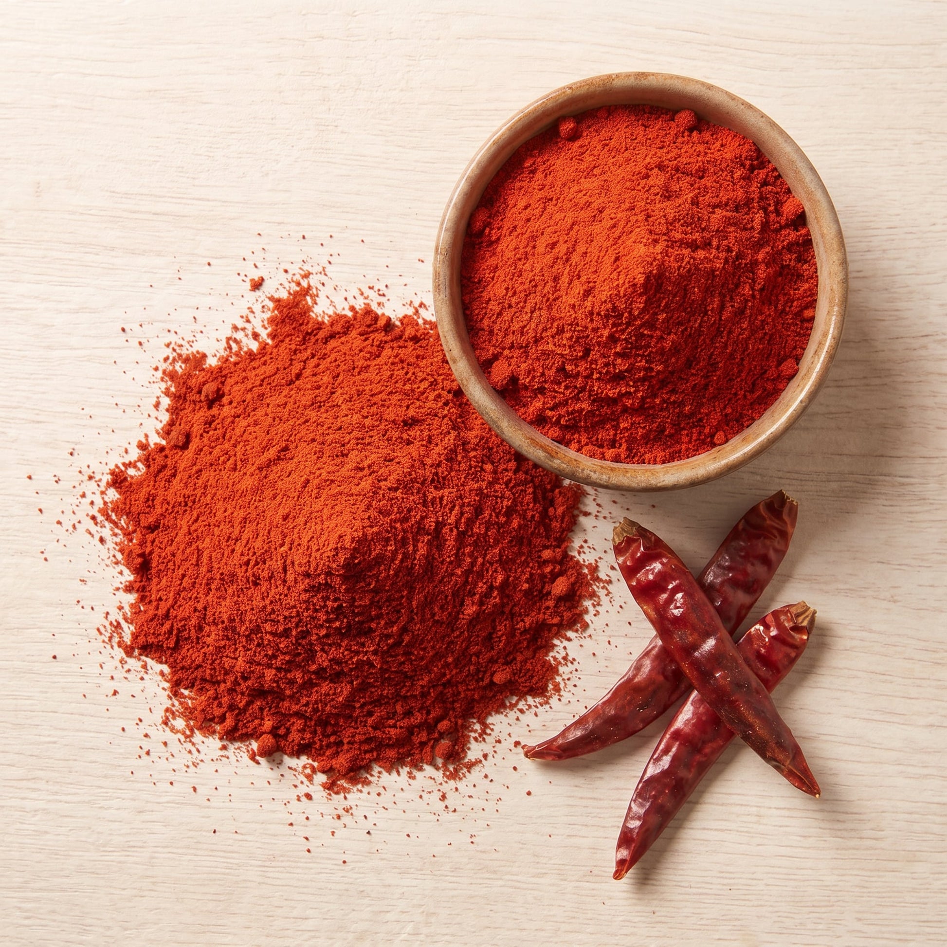 Kashmiri Mirch Chilipulver mit getrockneten Kashmiri-Chilischoten auf Holzuntergrund