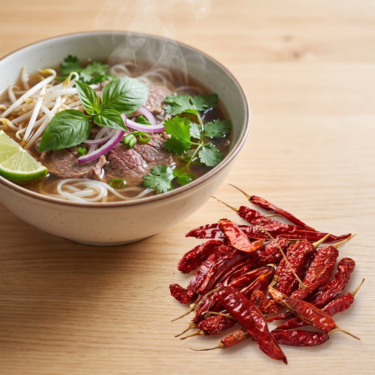 Getrocknete vietnamesische Cayenne Chilischoten neben einer Schale Pho mit frischen Kräutern
