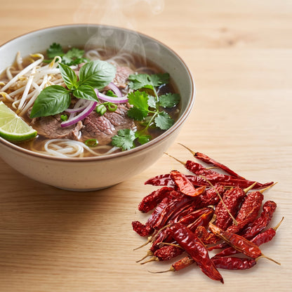 Getrocknete vietnamesische Cayenne Chilischoten neben einer Schale Pho mit frischen Kräutern