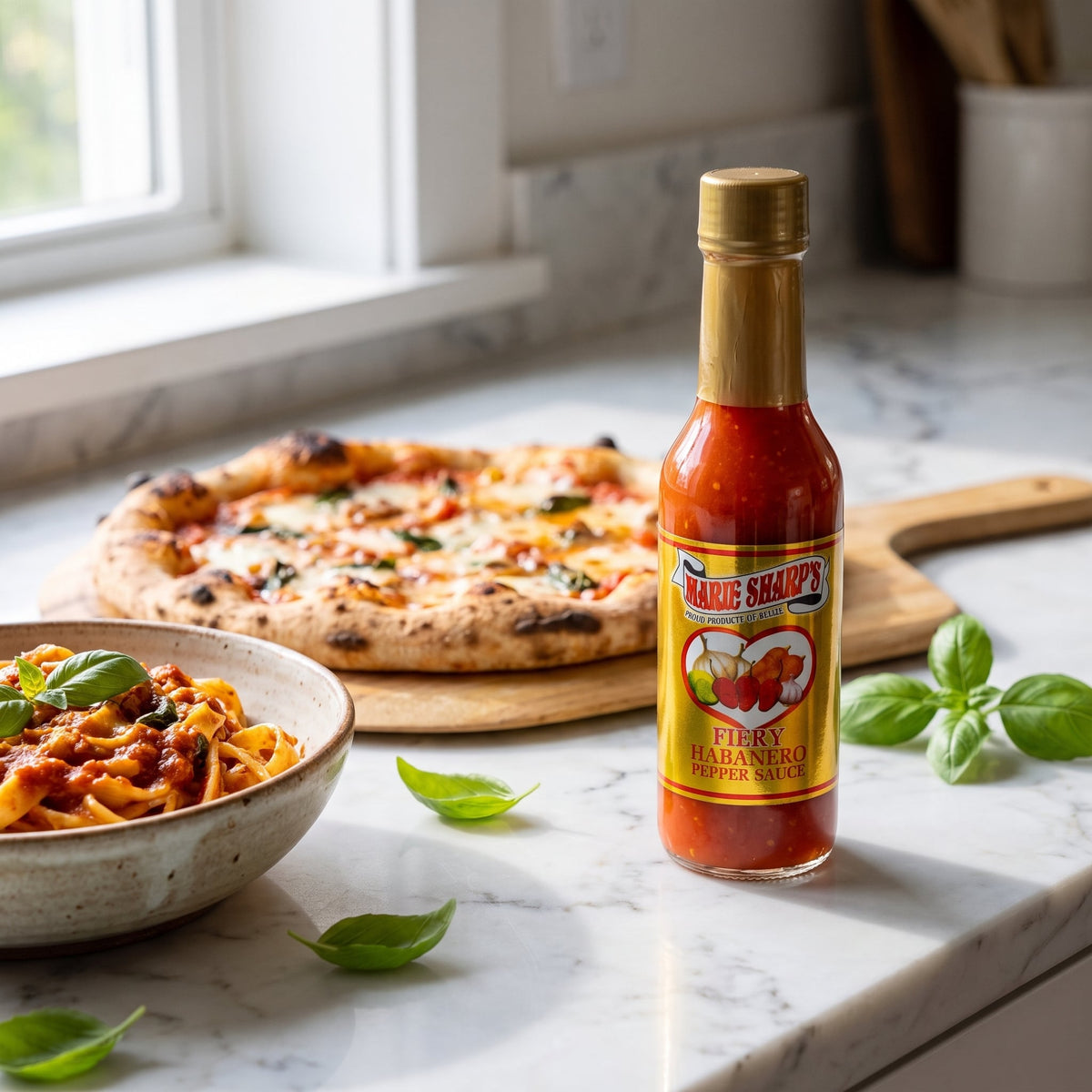 Marie Sharp's Fiery Hot Habanero Sauce neben frisch gebackener Pizza und einer Schale Pasta