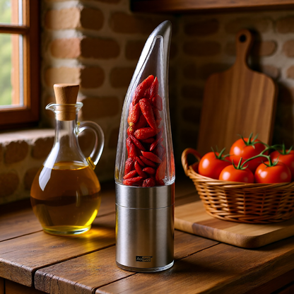 AdHoc Pepe Chilimühle - Innovative Chilimühle aus Acryl und Edelstahl Peppers.ch