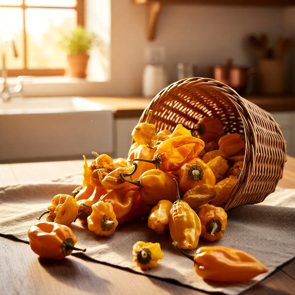 Gelbe Aji Charapita Chilis fallen aus einem Weidenkorb auf einen Holztisch