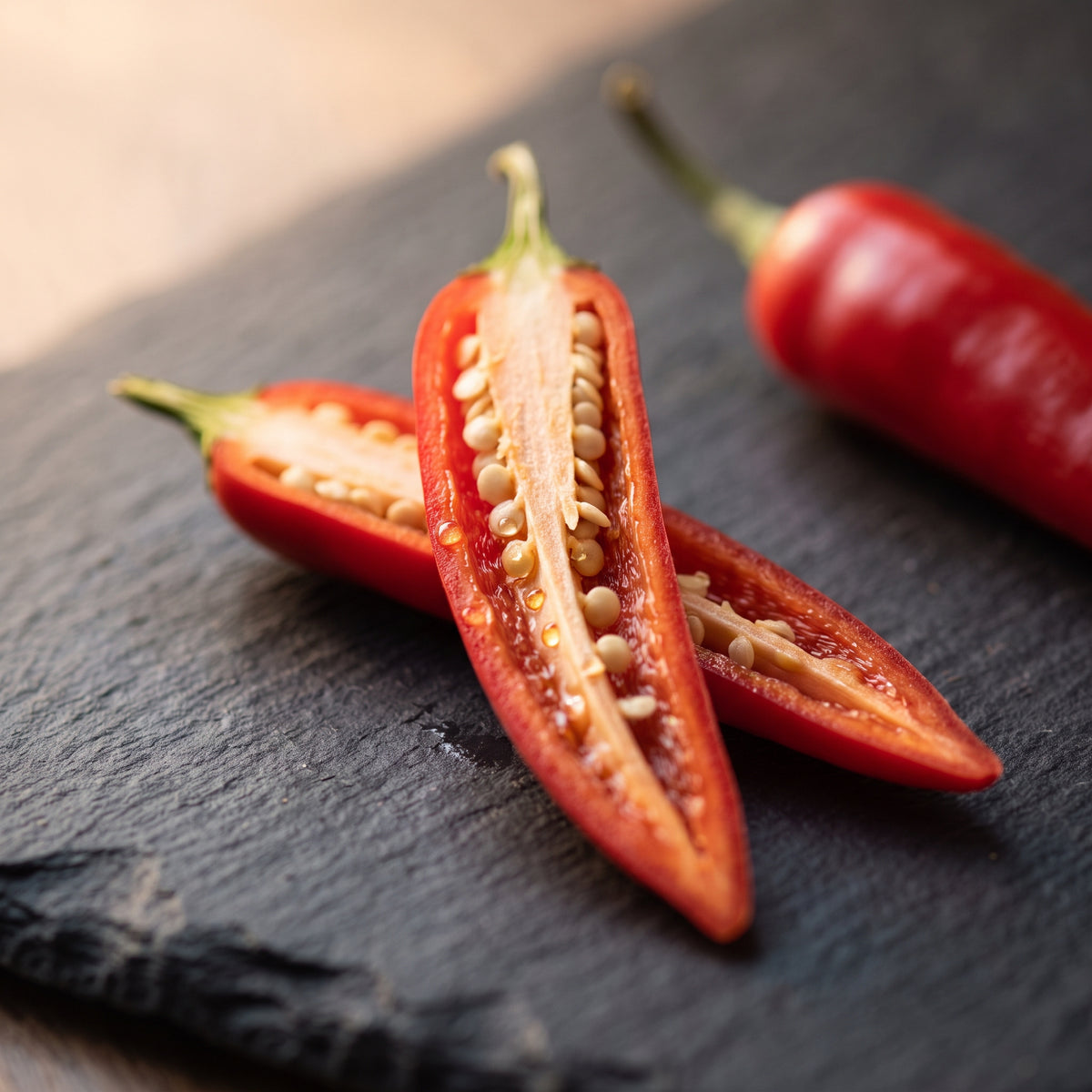 Aufgeschnittene rote Chili mit sichtbarer Scheidewand und Samen