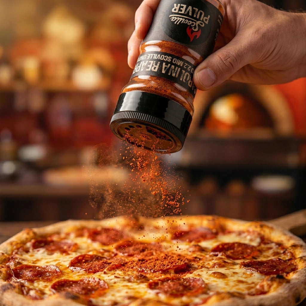 Hand streut Carolina Reaper Chilipulver aus dem Shaker über eine Pizza