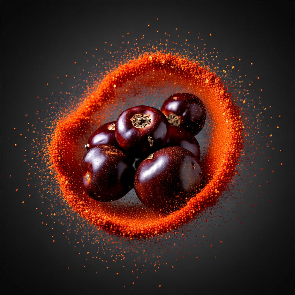 Getrocknete Cascabel Chilischoten in einem Kreis aus Chilipulver vor schwarzem Hintergrund