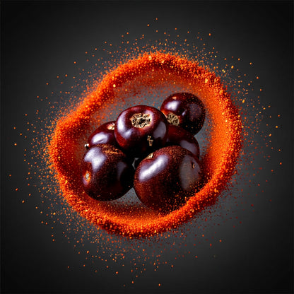 Getrocknete Cascabel Chilischoten in einem Kreis aus Chilipulver vor schwarzem Hintergrund