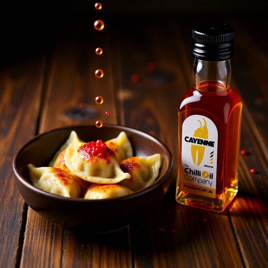 Cayenne Chili-Öl Flasche neben einer Schale Teigtaschen mit Chiliöl