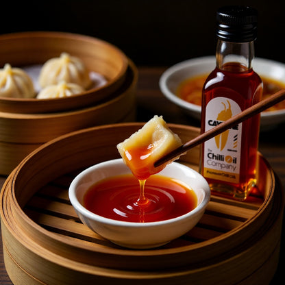 Cayenne Chili-Öl Flasche neben Dim Sum im Bambuskorb und einer Schale mit Chiliöl
