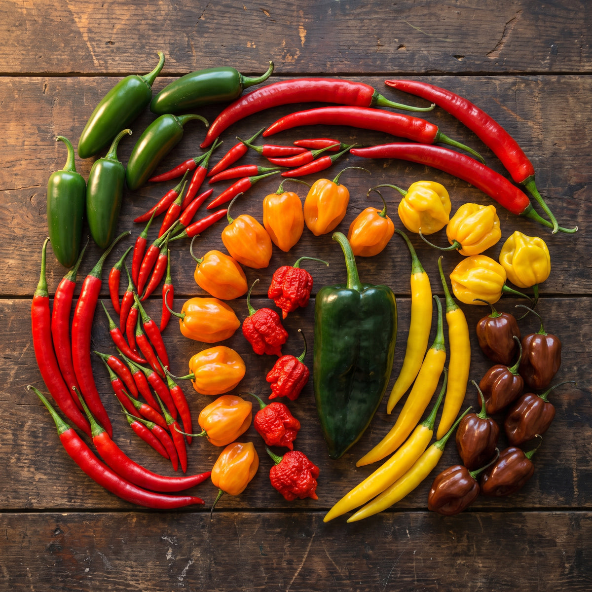 Verschiedene frische Chilisorten in allen Farben auf einem Holztisch