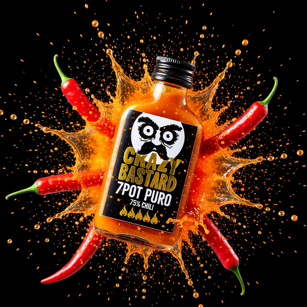 7Pot Puro Chili Sauce Flasche in einer Spritzerkrone aus Sauce neben roten Chilischoten