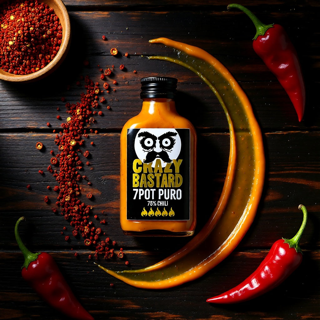 7Pot Puro Chili Sauce Flasche auf dunklem Holz neben Chiliflocken und roten Chilischoten