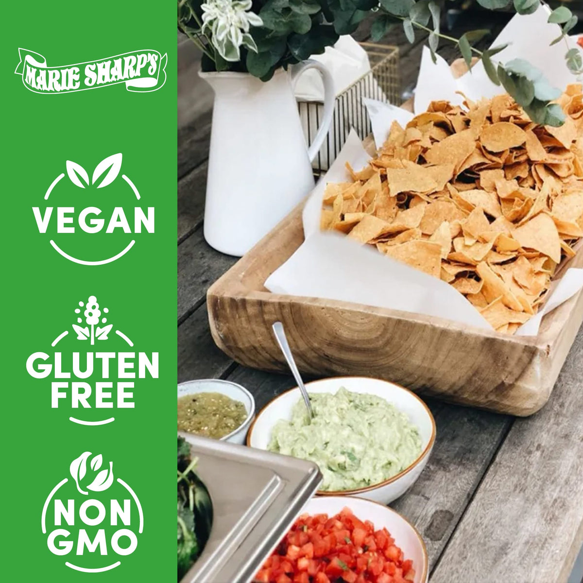 Marie Sharp's Green Nopal Habanero Sauce mit Tortilla-Chips und Guacamole, mit Hinweisen vegan und glutenfrei