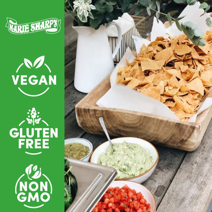 Marie Sharp's Green Nopal Habanero Sauce mit Tortilla-Chips und Guacamole, mit Hinweisen vegan und glutenfrei
