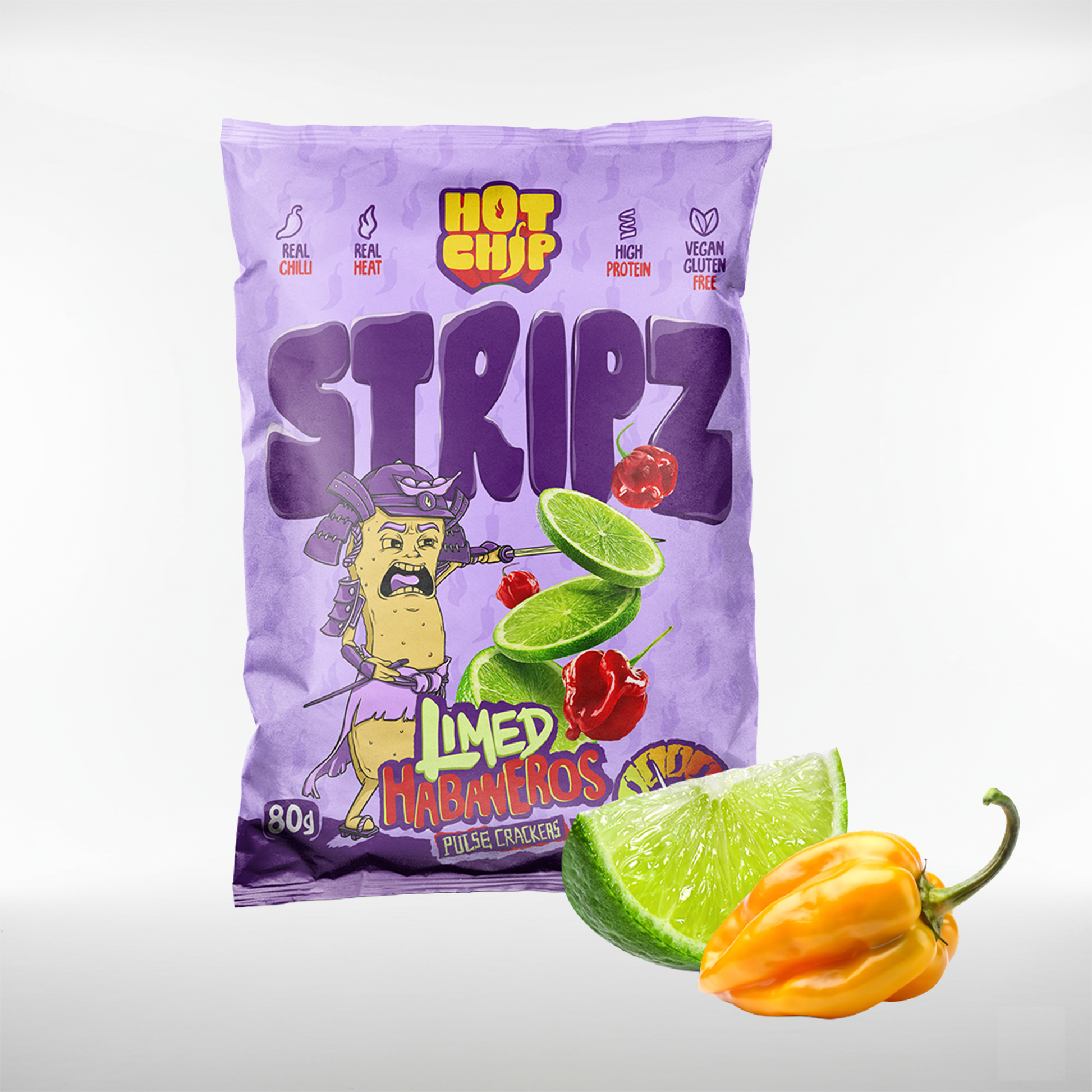 Hot Chip Strips limed Habanero Chili Strips | feuriger Habanero Knabberspass | 80 Gr