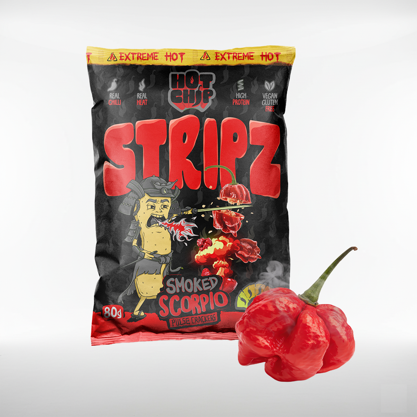 Lanières de chips chaudes fumées Trinidad Moruga Scorpion | plaisir de grignoter avec ardeur | 80 g
