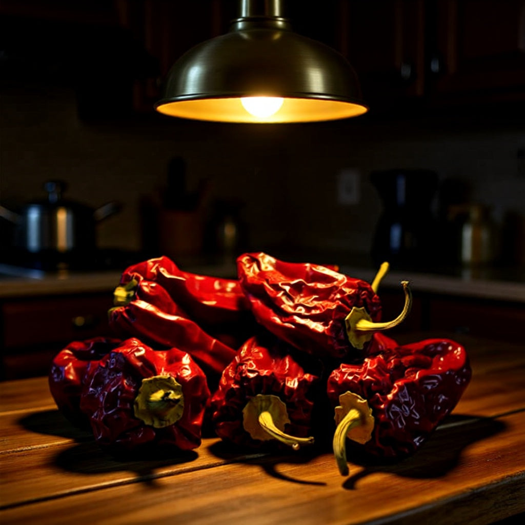 Getrocknete Naga Bhut Jolokia Chilischoten auf einer Küchenarbeitsfläche unter einer Lampe