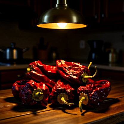 Getrocknete Naga Bhut Jolokia Chilischoten auf einer Küchenarbeitsfläche unter einer Lampe