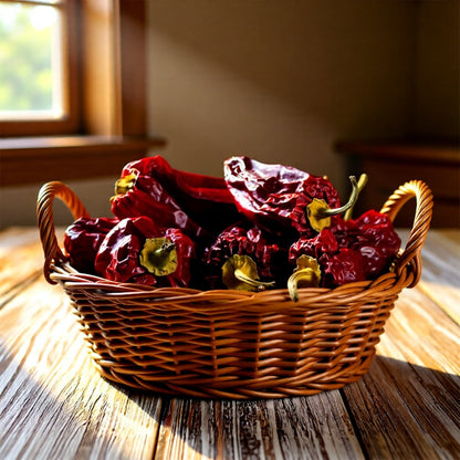 Getrocknete Naga Bhut Jolokia Chilischoten in einem Weidenkorb auf einem Holztisch