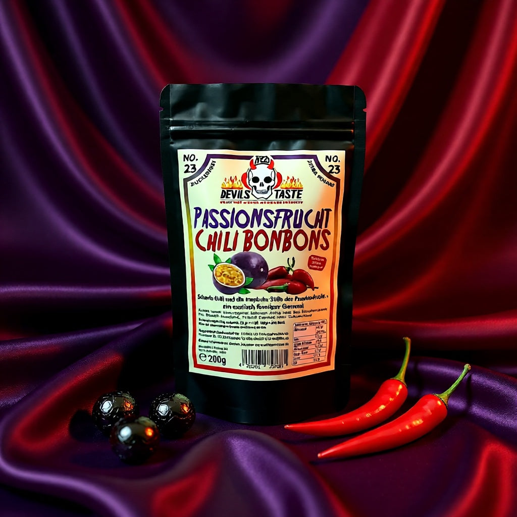 Passionsfrucht Chili Bonbons im Beutel auf violettem Stoff neben Bonbons und roten Chilis