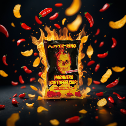 Pepper-King Habanero Kessel Chips (sehr scharfe Kartoffelchips, gewürzt mit Habanero Chilis)