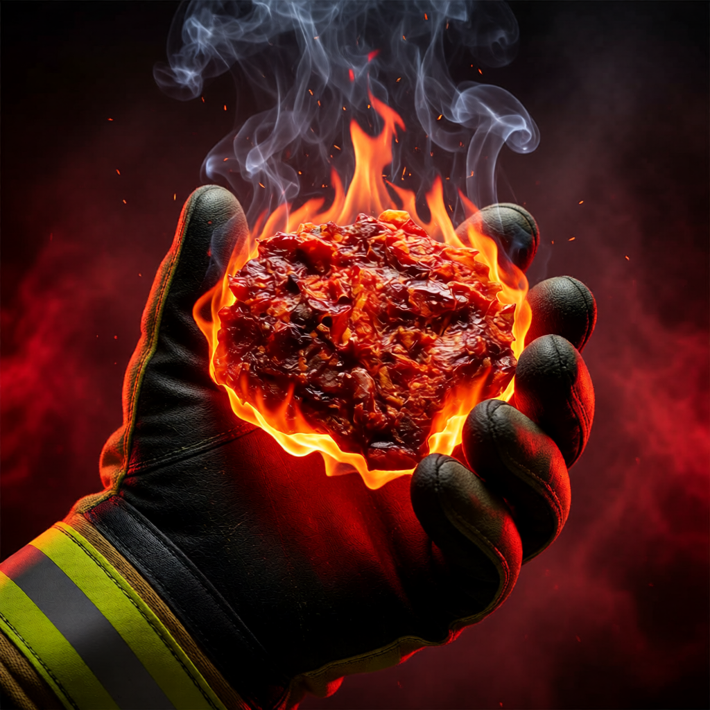 Pot Uno's Chili Cookie – Megascharfes Chili-Konzentrat aus Borg 9 Peach & Chocolate Reaper ind Hand mit Handschuh