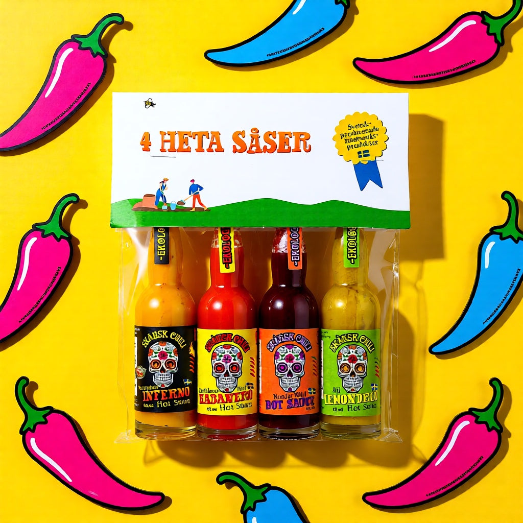 Skånsk Chili 4er Hot Sauce Geschenkset mit verschiedenen Schärfegraden und Geschmacksrichtungen