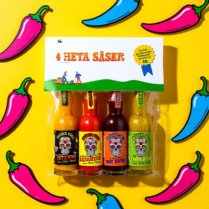 Skånsk Chili 4er Hot Sauce Geschenkset mit verschiedenen Schärfegraden und Geschmacksrichtungen