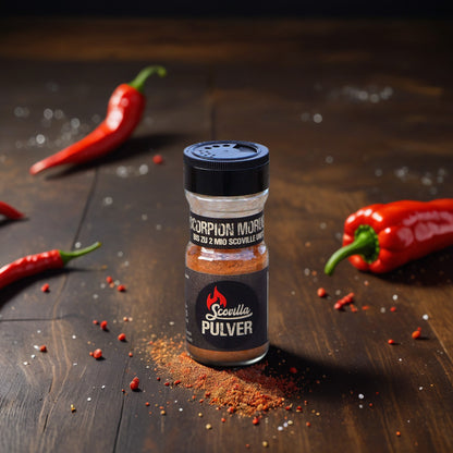 Scovilla Trinidad Scorpion Moruga Red Chilipulver im Shaker, 50 Gramm, sehr scharf, Peppers.ch