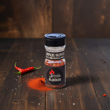 Scovilla Trinidad Scorpion Moruga Red Chiliflocken im Shaker, 25 Gramm, sehr scharf, Peppers.ch