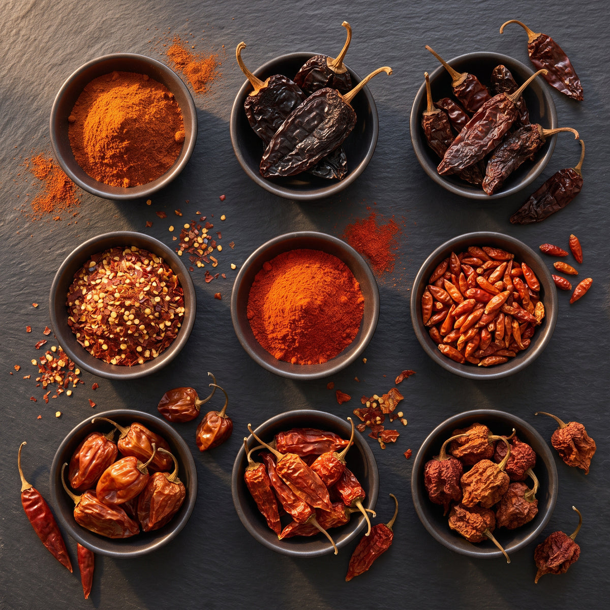 Neun Schälchen mit Chilipulver, Flocken und getrockneten Chilis in steigender Schärfe