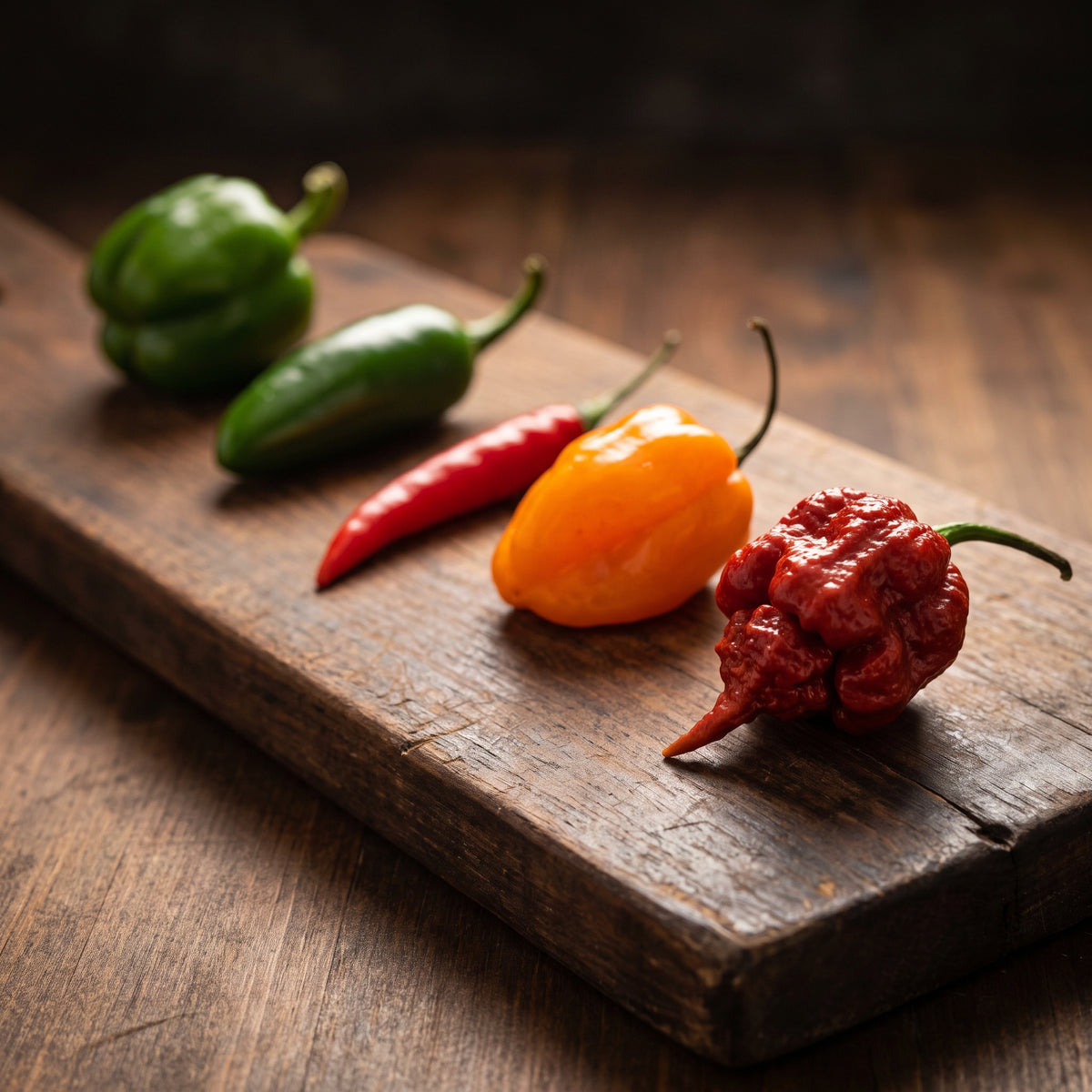 Fünf Chilis von mild bis extrem scharf, von Peperoni bis Carolina Reaper