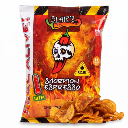 Blair's Scorpion Espresso Chips, geöffnete Tüte mit Kessel Chips