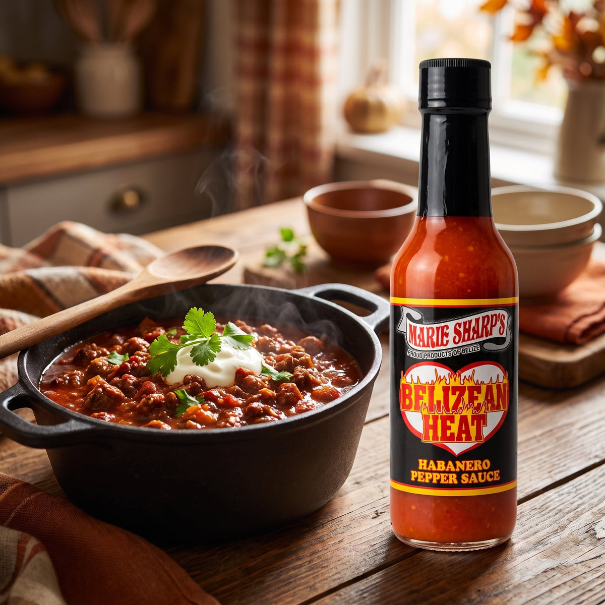 Marie Sharp's Belizean Heat Habanero Sauce neben einem Topf Chili con Carne mit Sauerrahm