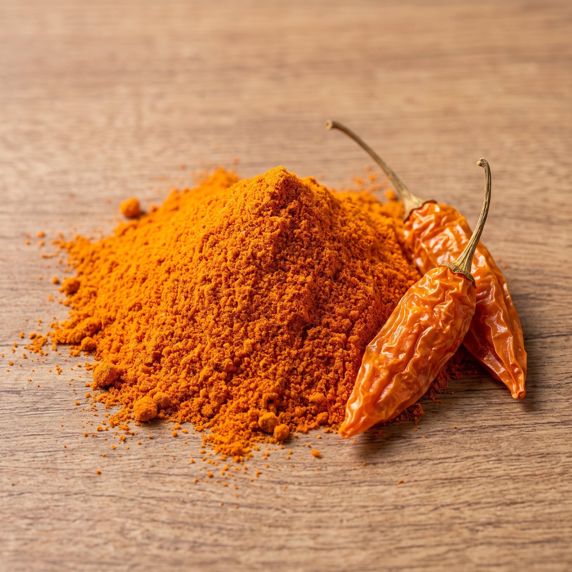 Fatalii Orange Chilipulver mit getrockneten Fatalii-Orange-Schoten auf Holzuntergrund
