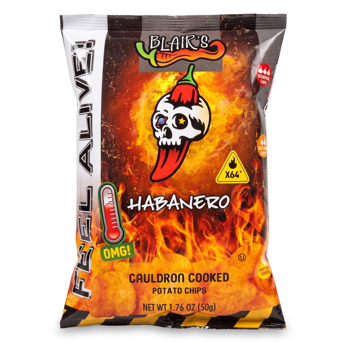 Blair's Habanero Chips, 50-g-Tüte von vorne