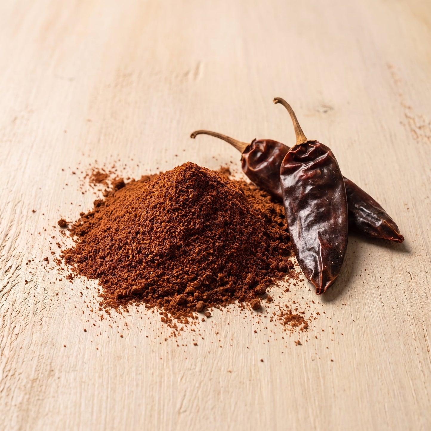 Chipotle Chilipulver mit geräucherten Chipotle-Schoten auf Holzuntergrund