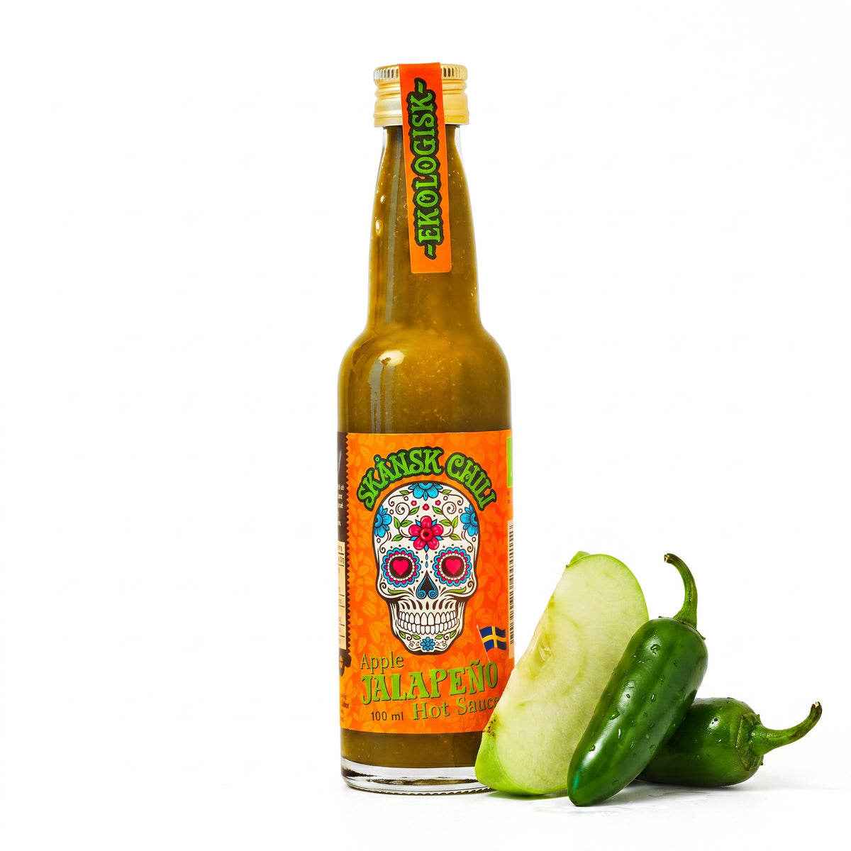 Skånsk Chili Apple Jalapeno Habanero Hotsauce Flasche mit Apfel und grünen Jalapenos