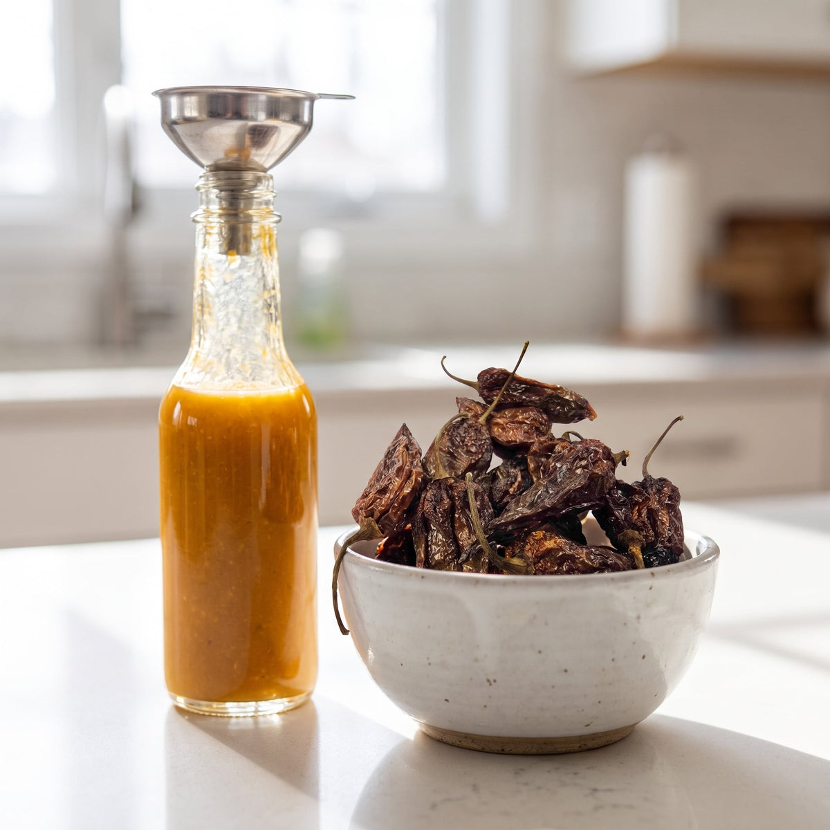 Getrocknete Fatalii Chilischoten in einer Schale neben einer Flasche selbstgemachter Hot Sauce
