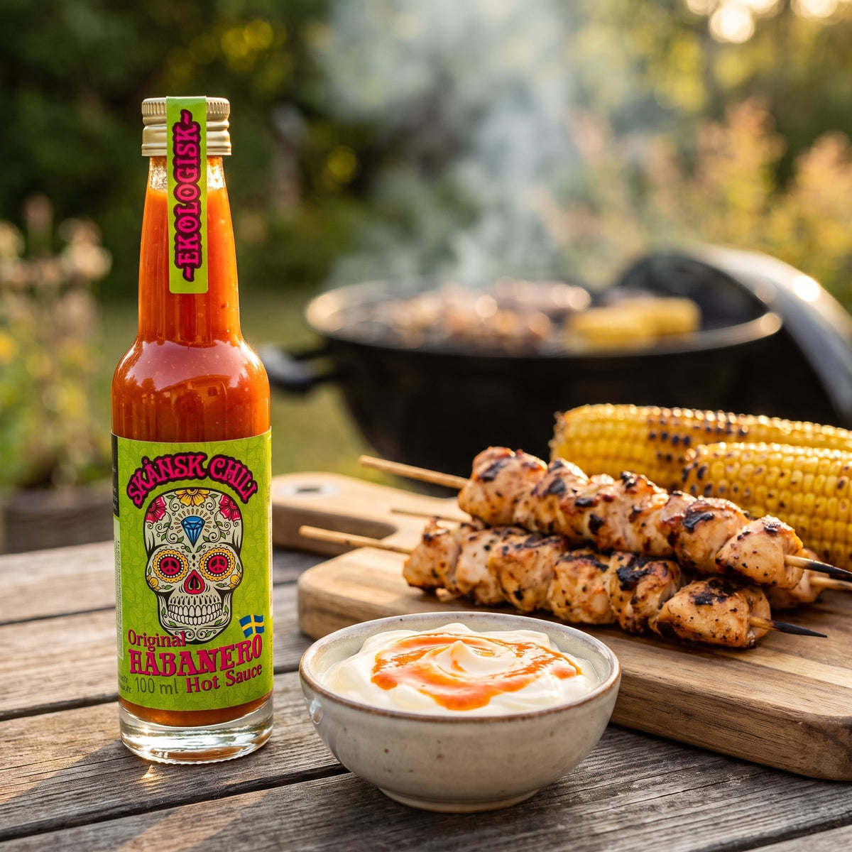 Skånsk Chili Original Habanero Hot Sauce neben Mayonnaise-Dip, Pouletspiessen und grilliertem Mais