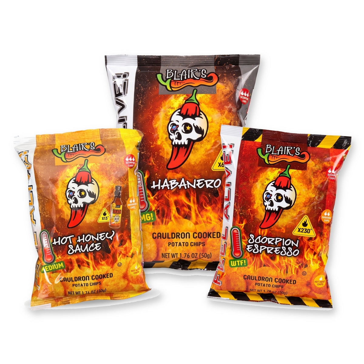 Blair's Chips 3er Set: Hot Honey Sauce, Habanero und Scorpion Espresso Chips, je 50 g