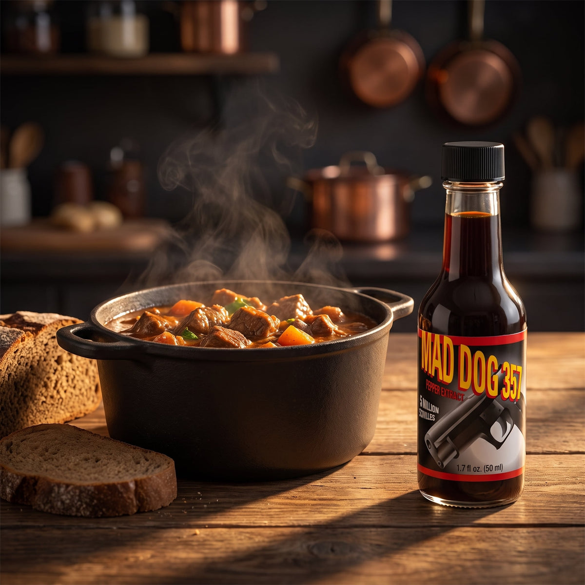 Mad Dog 357 Chili-Extrakt neben einem Topf Rindergulasch mit dunklem Brot