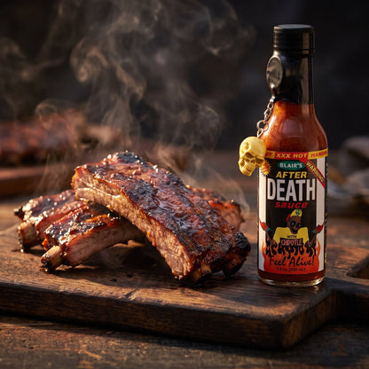 Blair's After Death Hot Sauce neben geräucherten Spareribs auf einem Holzbrett