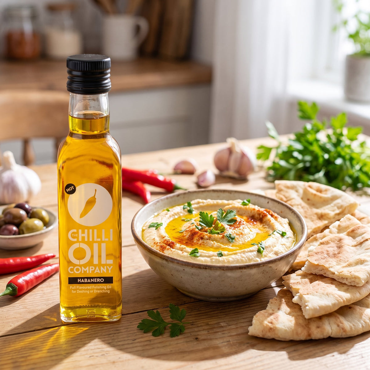 Habanero Chili-Öl neben einer Schale Hummus mit Fladenbrot