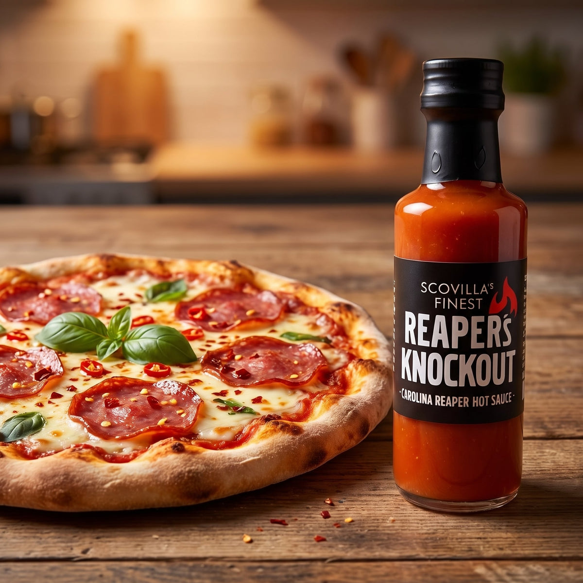 Scovilla Reaper's KnockOut Hot Sauce neben einer scharfen Salamipizza mit Chiliflocken