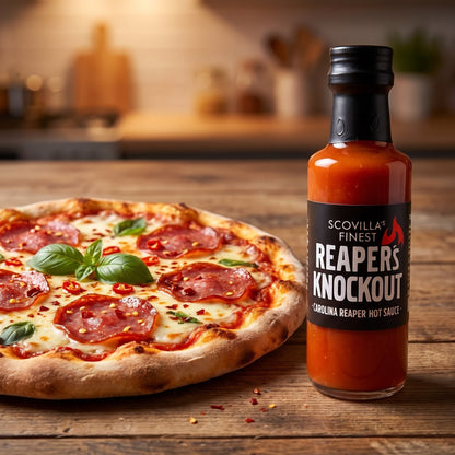 Scovilla Reaper's KnockOut Hot Sauce neben einer scharfen Salamipizza mit Chiliflocken