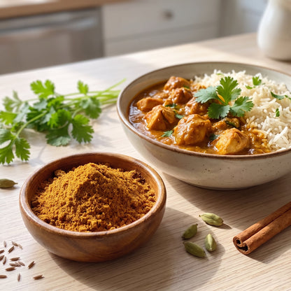 Schälchen Madras Curry Powder neben Hühnercurry mit Basmatireis und Koriander