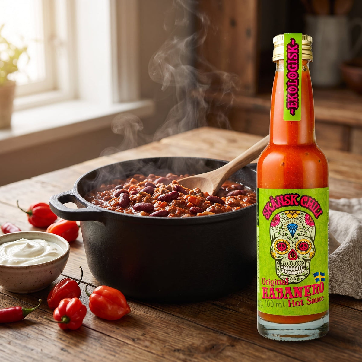 Skånsk Chili Original Habanero Hot Sauce neben einem Topf Chili con Carne mit Sauerrahm