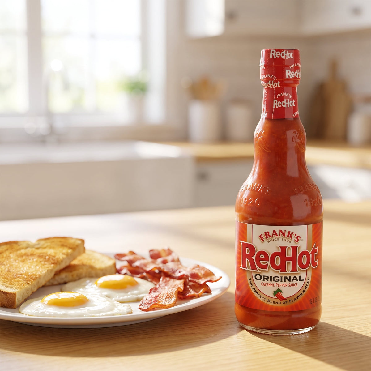 Frank's RedHot Original Cayenne Pepper Sauce neben Spiegeleiern mit Speck und Toast