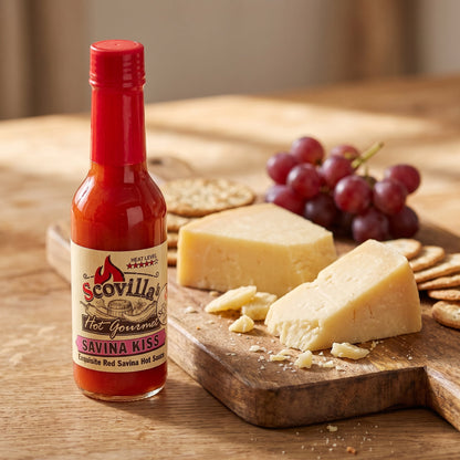 Scovilla Hot Gourmet Savina Kiss Hot Sauce neben einem Käsebrett mit Crackern und Trauben