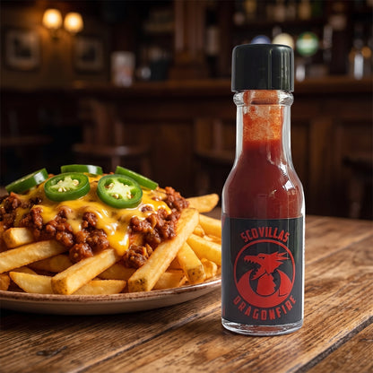 Scovilla Dragonfire Extreme Hot Sauce neben einer Portion Chili Cheese Fries